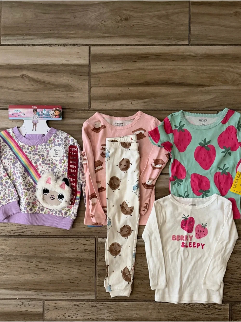 Carter's Pink & Mint Strawberry and Cookie Print Pajama Tops Set